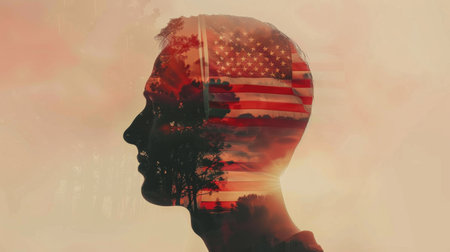 A silhouette of a mans head is overlayed with an American flag, creating a powerful visual representation of patriotism. The image is stylized with a faded, vintage look, adding to its evocative nature.の素材