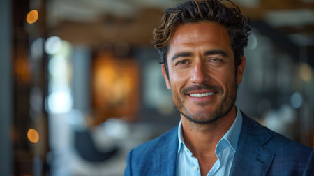 A photo of a handsome man with brown hair and a beard, wearing a blue suit, smiling. He is standing inside a building, likely an office or business environment. The background is out of focus but appears to be a modern and well-lit space.の素材