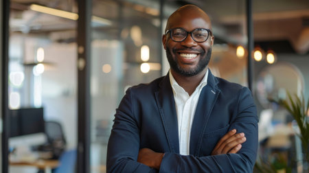 A smiling businessman with arms crossed stands confidently in a modern office setting. He is wearing a dark blue suit jacket over a white button-down shirt. He is looking directly at the camera, wearing glasses and a friendly expression. The background of the image is blurred, suggesting a busy office environment.の素材