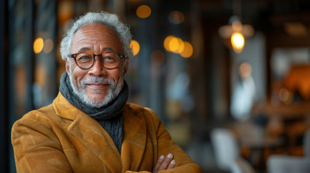 A close-up portrait of a senior man with gray hair and a beard, wearing glasses and a yellow coat, smiling warmly at the camera. He is standing indoors, likely in a coffee shop, with a blurred background of tables and chairs.の素材