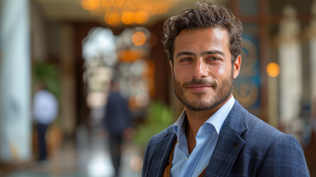 A handsome man with a beard and wavy brown hair is smiling at the camera. He is wearing a light blue button-down shirt and a dark blue blazer. He is standing outside a building with blurry people walking past in the background.の素材
