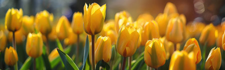 A close-up photograph capturing a field of yellow tulips in full bloom, bathed in the warm glow of the sun. The petals of the flowers are a vibrant yellow, and the stems are green and slender, creating a beautiful contrast. The soft, natural lighting adds to the overall beauty of the scene, highlighting the delicate details of the tulips.の素材