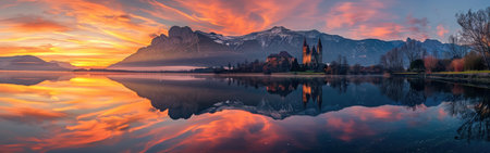 This stunning panorama captures a picturesque lake with a majestic church standing at its center. The setting sun casts a vibrant glow on the water, creating a captivating reflection of the church and the surrounding mountains. The sky is filled with colorful clouds, adding to the breathtaking beauty of this serene scene.の素材
