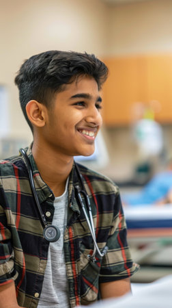A young man, wearing a plaid shirt and a stethoscope, smiles confidently as he looks towards the right side of the frame. He is likely studying for a medical career, possibly in a classroom or laboratory setting. The image is bright and positive, showing a sense of optimism and dedication.の素材
