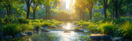 A tranquil stream means through a lush city park as the sun sets, casting a warm glow on the surrounding greenery. The water flows smoothly over rocks, creating a peaceful atmosphere. The city skyline can be seen in the distance, reminding us of the urban environment that exists just beyond the parks boundaries.の素材