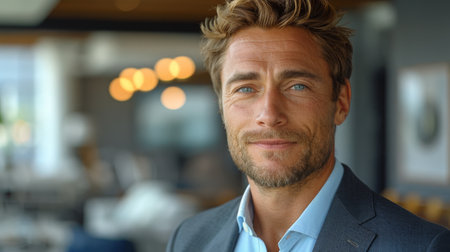 A close-up portrait of a smiling man with blue eyes. He is wearing a blue shirt and a dark blazer. The background is a blurred image of a restaurant with lights and tables.の素材
