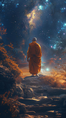 A lone monk stands on a rocky mountaintop, gazing up at a breathtaking night sky filled with twinkling stars and a vibrant nebula. The monks orange robes contrast against the dark background, suggesting a sense of peace and contemplation. The image evokes a feeling of awesome and wonder at the vastness of the universe and the smallness of humanity.の素材