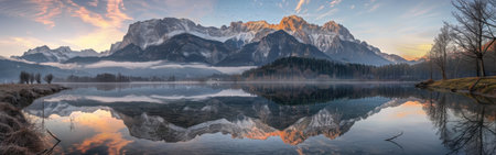 A scenic panoramic shot of a tranquil mountain lake reflecting a snow-capped mountain range against a cloudy sky. The early morning light illuminates the lakes surface with a soft golden glow, while the surrounding trees and fog create a peaceful and ethereal ambiance.の素材