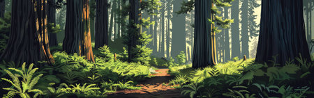 A forest with a path through it. The trees are tall and green, and the sunlight is shining through the leaves. Scene is peaceful and serene, as if one were walking through a quiet, untouched forestの素材