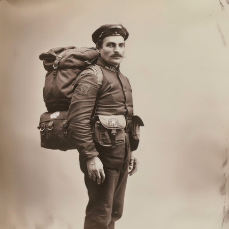 A man in a military uniform is standing with a backpack on his back. The image has a vintage feel to it, and the man's posture and facial expression convey a sense of determination and strengthの素材