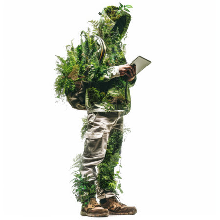 A man is wearing a green jacket and holding a tablet. The image is a creative representation of a person in a forest, with plants growing all over himの素材