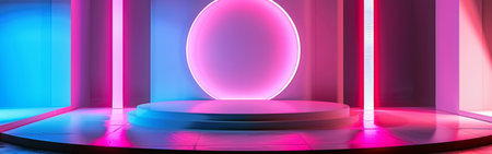 A neon pink and blue room with a large circular object in the center. The room is lit up with neon lights and has a futuristic feel to itの素材