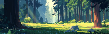 A forest scene with a large tree in the foreground and a small tree in the background. The grass is green and the sky is blueの素材