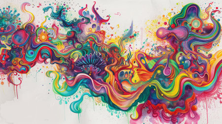 A colorful painting of a wave with a lot of different colors. The painting is abstract and has a lot of different shapes and patterns. The mood of the painting is energetic and livelyの素材