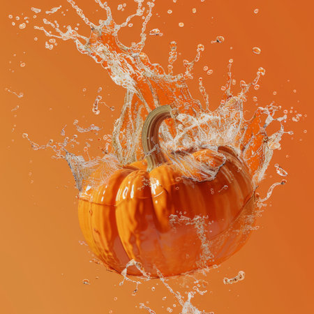 A pumpkin is floating in a spray of waterの素材