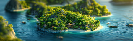 A scenic view of a tropical island with lush vegetation, small wooden cabins, and boats in turquoise water. The island appears small, giving the impression of a miniature model.の素材
