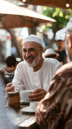A man with a white hat and a white shirt is seated at an outdoor cafe, holding a coffee cup and smiling. He is enjoying a conversation with another man, out of frame, who is seated to his right.の素材