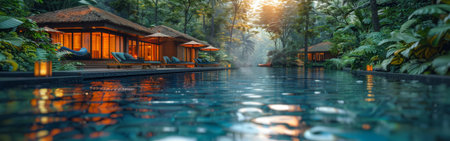 A serene and inviting tropical resort pool is pictured, surrounded by lush greenery and a tranquil ambiance. The view is captured from the waters edge, showcasing the clear blue water and the idyllic setting of the resort.の素材