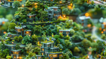 A close-up view of a detailed model cityscape with miniature buildings that are covered in green vegetation and small trees. The cityscape is illuminated by warm, artificial light, creating a cozy and inviting ambiance.の素材