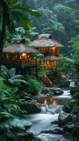 This image showcases two wooden treehouses nestled within a lush tropical rainforest. The treehouses feature thatched roofs and are illuminated by warm interior lights. A cascading river winds its way through the jungle, creating a serene and tranquil atmosphere. The image captures the beauty and tranquility of nature, offering a glimpse into a secluded and idyllic retreat.の素材