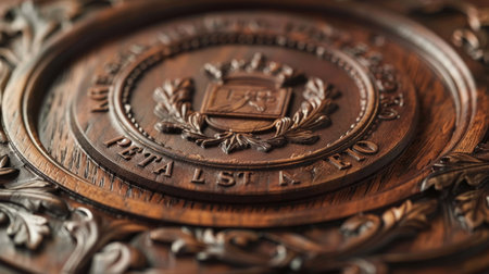 A wooden circle with a crown and the words "Peta" on it. The circle is engraved with a design and has a gold borderの素材