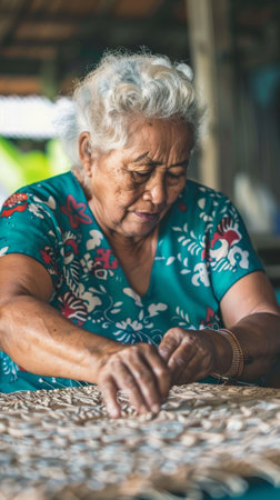 This photograph shows an elderly woman, with silver hair, wearing a floral shirt, carefully weaving a mat, likely made from natural materials. The background suggests a tropical setting, perhaps a home or workshop, with natural light streaming in. The scene captures the womans focus and dedication as she crafts a traditional piece.の素材