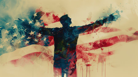 This abstract digital painting features a silhouette of a man with his arms outstretched, superimposed against a watercolor painting of the American flag. The image is rendered in a vintage style, with a faded, textured background and soft, blurred edges.の素材