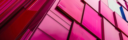 This image shows a close-up view of a building facade constructed from geometric pink tiles, creating a bold and modern architectural design. The tiles are arranged in a repeating pattern that creates a sense of depth and movement, while the bright pink color adds a vibrant pop of energy to the space.の素材