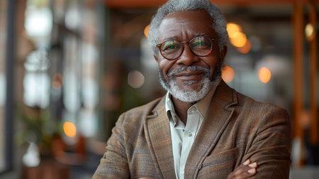 This image shows a senior man with gray hair and a beard wearing a brown jacket and eyeglasses. He is smiling at the camera and has his arms crossed. He is standing in a modern cafe setting.の素材
