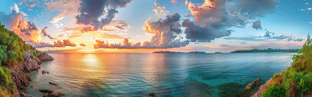 The image captures a breathtaking sunset over a tropical ocean, showcasing a vibrant sky painted with hues of orange, pink, and purple. A lush, green coastline with rocky cliffs borders the calm, turquoise water, adding a sense of tranquility to the scene. The sunlight reflects on the ocean surface, creating a shimmering effect.の素材