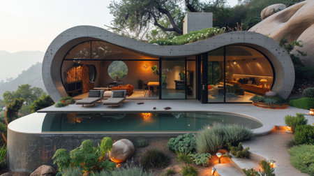 A modern, concrete house with a curved design sits atop a hillside overlooking a mountain range. The home features a large swimming pool and lush landscaping, with a view of the sunset in the background. The interior of the home is visible through large windows, showcasing a sleek and contemporary design.の素材