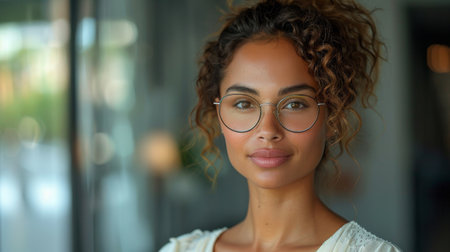 A young woman with curly brown hair is wearing round eyeglasses and looking directly at the camera. She is standing in front of a window, with blurred background scenery. The woman is wearing a white shirt, and her skin tone is medium brown.の素材