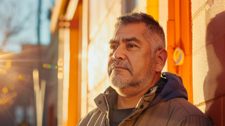 A man with a gray beard stands by a wall painted a bright orange. He is wearing a brown jacket and a blue hooded sweatshirt. He looks off into the distance as the afternoon sun shines through the window behind him.の素材