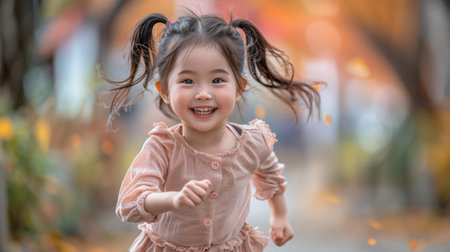 A young girl with pigtails runs through a park during the autumn season. The leaves on the trees are starting to change color, and the air is crisp and cool. The girls smile is bright and contagious, and her eyes sparkle with joy.の素材