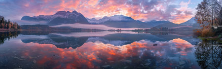 A picturesque scene of a mountain lake at sunrise, with the reflection of pink and orange clouds in the water. The mountains in the background are snow-capped, and the lake is calm and still, creating a beautiful mirror image. The trees in the foreground are bare, adding to the serenity of the scene.の素材
