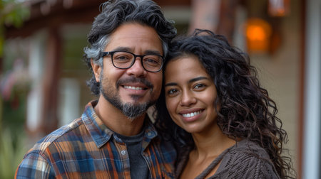 A man and woman, likely a couple, stand close together smiling for a photo outside their house. The man is wearing a plaid shirt, glasses, and has a beard. The woman has curly hair and is wearing a brown sweater. The photo was taken on a sunny day.の素材