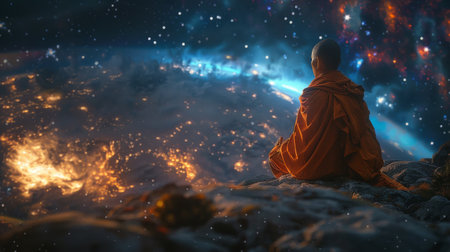 A lone monk sits in meditation on a rocky cliff, gazing out at the Earth below, which is illuminated by city lights and a bright, starry sky. The image is a surreal combination of realism and fantasy, suggesting a sense of peace and contemplation.の素材