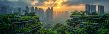 A panoramic view of a modern city with high-rise buildings, many of which feature green roofs, at sunset. The sky is a vibrant orange and yellow, with clouds casting soft shadows over the buildings. The image is a testament to the growing trend of sustainable urban design, where nature is integrated into the city landscape.の素材