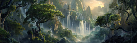 A digital painting depicting a lush green forest landscape with cascading waterfalls. The image features tall, rocky cliffs with multiple waterfalls cascading down. The forest floor is covered in dense foliage, and the air is filled with mist. The image evokes a sense of tranquility and peace.の素材