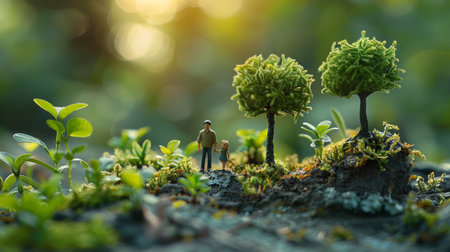 A man and a child are walking through a miniature garden with trees and plants. The scene is peaceful and serene, with the man and child enjoying the beauty of natureの素材
