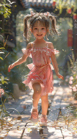 A young girl in a pink dress is running through a garden. The scene is bright and cheerful, with the girl's smile and the colorful dress adding to the overall positive moodの素材
