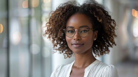 A woman with curly hair is wearing glasses and smiling. She is standing in front of a window, and the light coming through the window is casting a warm glow on her faceの素材
