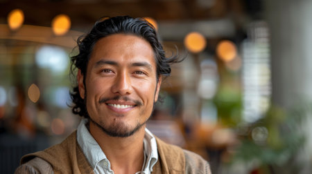 A man with a beard and a mustache is smiling at the camera. He is wearing a brown jacket and a white shirtの素材