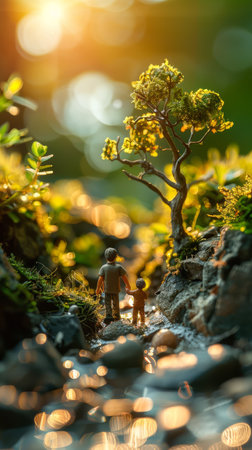 A man and a child are walking through a forest. The man is holding the child's handの素材