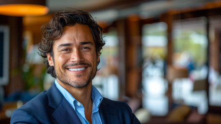 A man with a beard and a smile is standing in front of a wall. He is wearing a blue suit and a blue shirtの素材