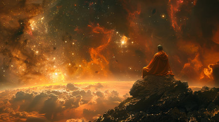 A man is sitting on a rock in front of a starry sky. The sky is orange and the stars are shining brightly. The man is meditating or contemplating the beauty of the universeの素材