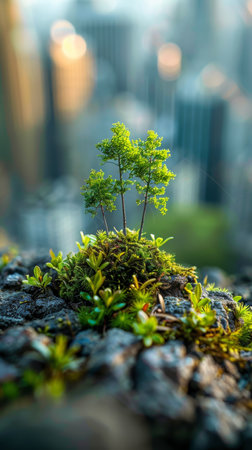 A small tree is growing on a rock in a city. The tree is surrounded by moss and he is thriving despite its urban surroundings. Concept of resilience and hopeの素材