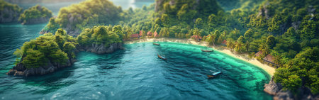 A beautiful beach with a small island in the middle of the ocean. The island is surrounded by trees and the water is calmの素材