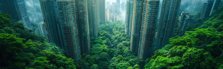 A cityscape with tall buildings and a lush green forestの素材