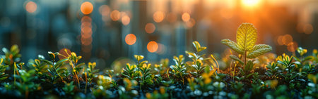 A small green plant is growing in a field of grass. The grass is lush and green, and the plant is surrounded by other plants. The scene is peaceful and serene, with the sun shining down on the plantsの素材